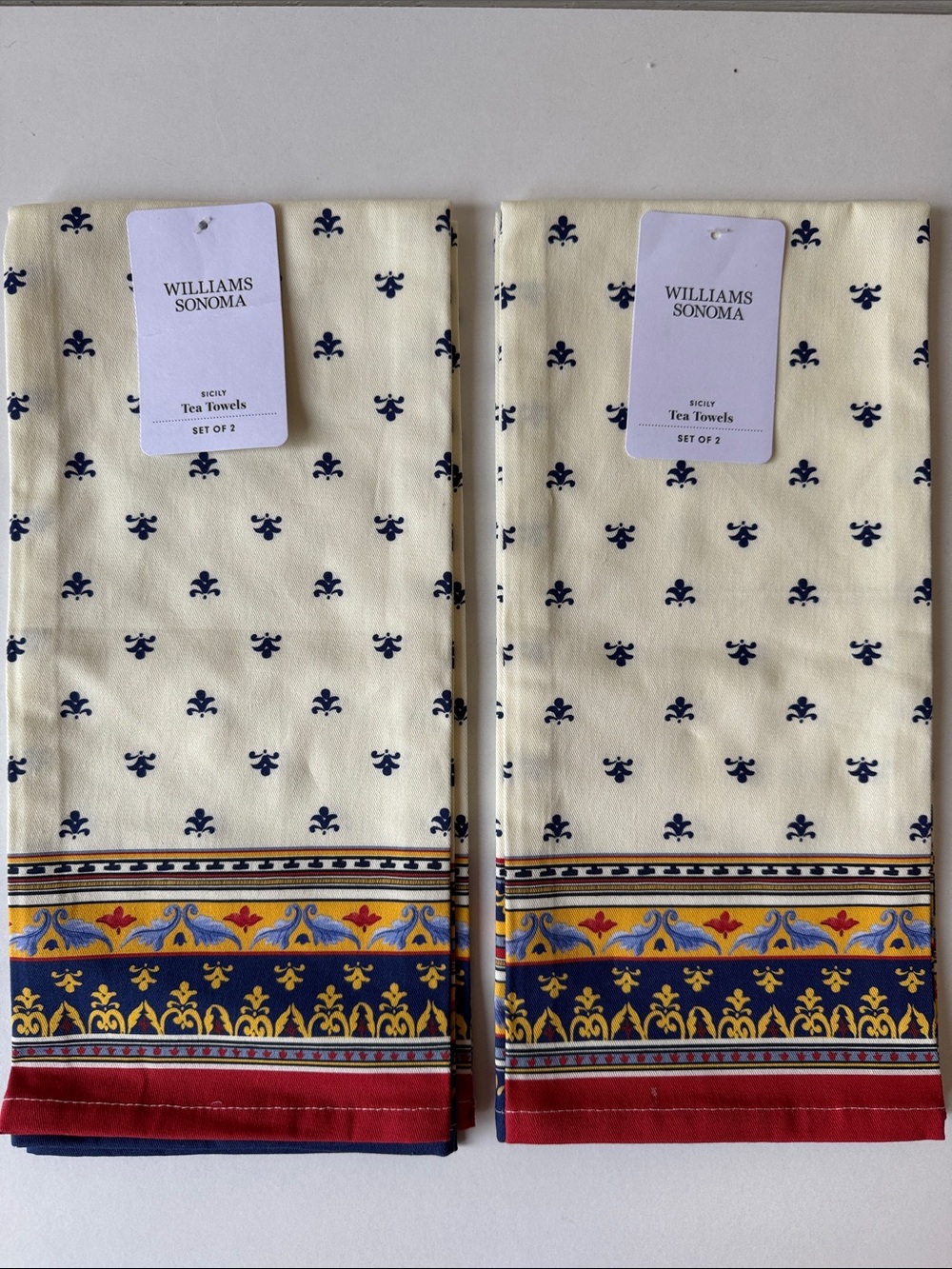 NEW Williams Sonoma Cream and Navy Fleur Kitchen Cotton Set w/Multicolor Border - Picture 2 of 16